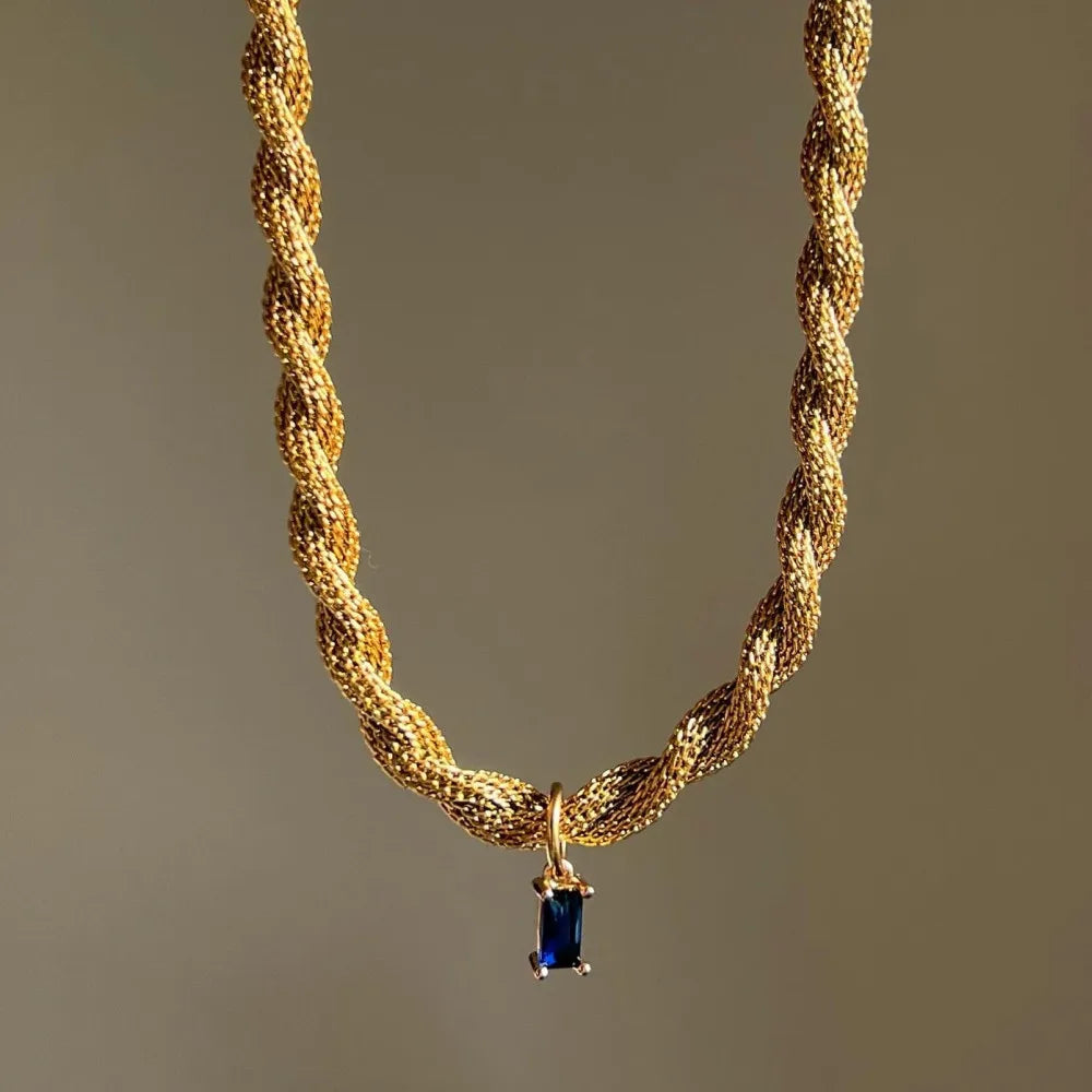 Luxury 18K Gold Plated Stainless Steel Twist Thick Chain Navy Blue Zircon Pendant Necklace  Anti Fade Pearl Main Stone