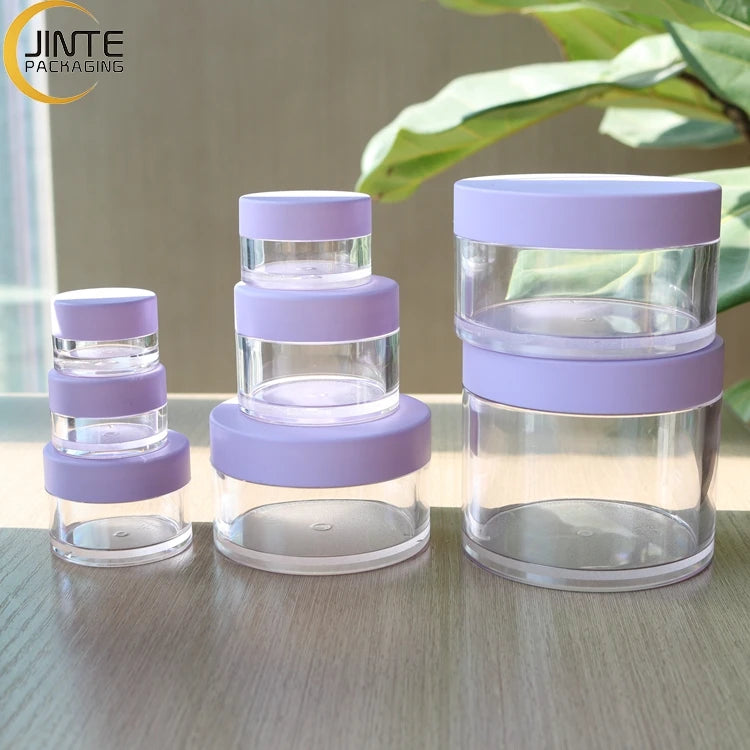 In Stock 1oz 2oz PETG  Clear Cosmetic Cream Jars Plastic Body Scrub Container 30ml With Purple Lids