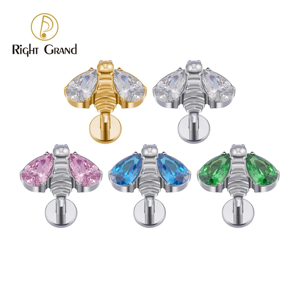 Right Grand Bee 16G ASTM F136 Titanium CZ Ear Tragus Cartilage Helix Labret Piercing