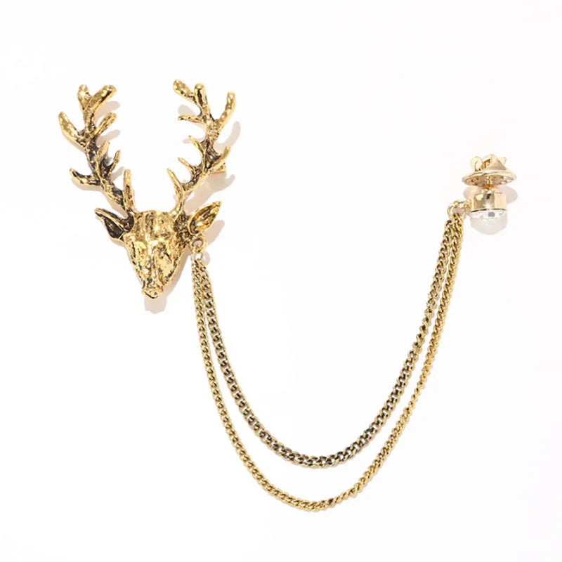 Gold Silver Crystal Elk Head Animal Collar Needle Badge Chain Brooch for Suit DIY Jewelry Accessories Custom Made Mens Brooches