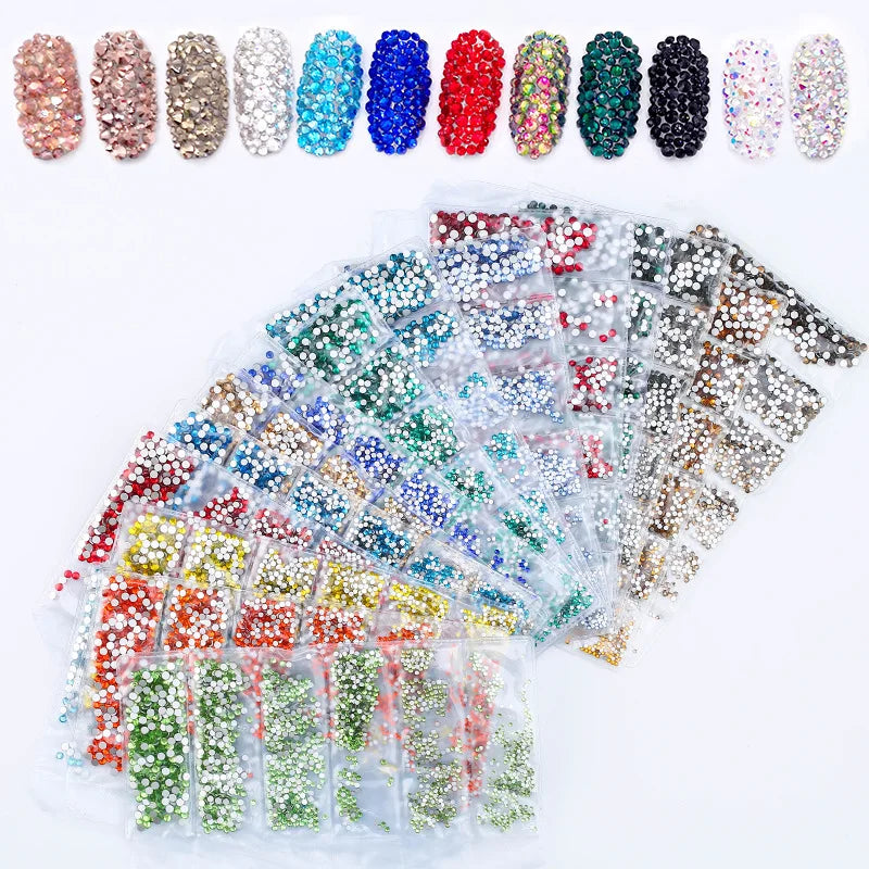 Lan Guang Wholesale Mix SS3-SS10 40+ Colors Flat Bottom Glass Nail Art Crystal Repair Rhinestones for Nail Decoration