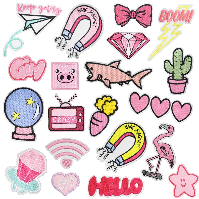 Pink Color Iron-on Embroidered Cartoon Diamond Heart Bow Cactus Patch for Clothing Bags Decoration Garment Embroidery Patches