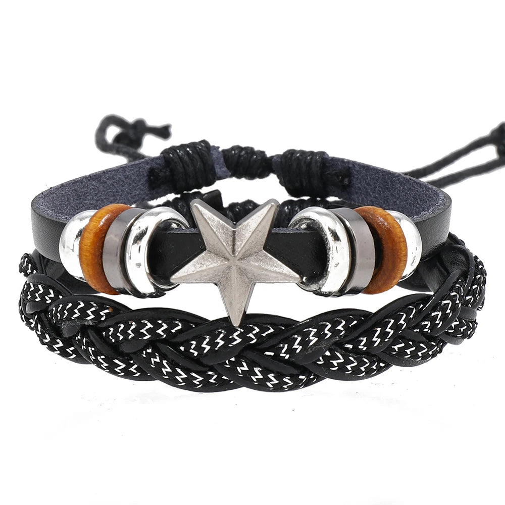 New Star Wove Bohemian Charm Bracelet Set for Men Women Unisex Antique Silver Plated Adjustable Length Leather