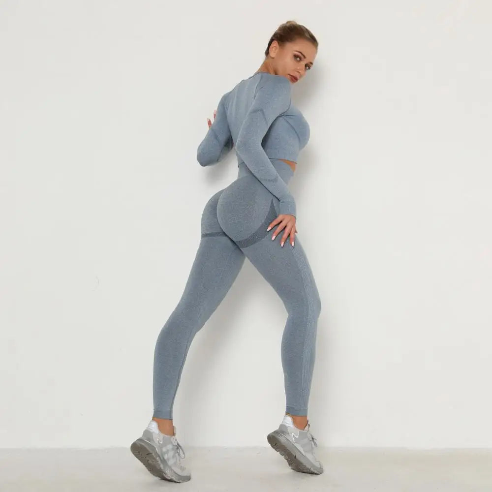 Womens Seamless Two Piece Yoga Set Sports Wear Women Long Sleeve Set Fitness Yoga Set Clothes