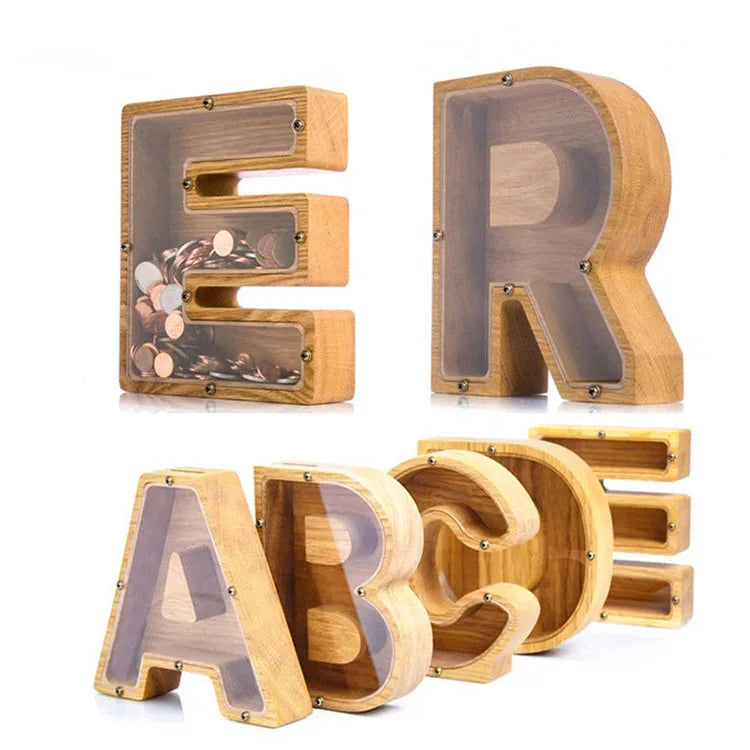 Wood 26 English Alphabet Letter Animal Kids Children Boy Girl Wooden Save Money Box Piggy Bank for Adults with clear Lid