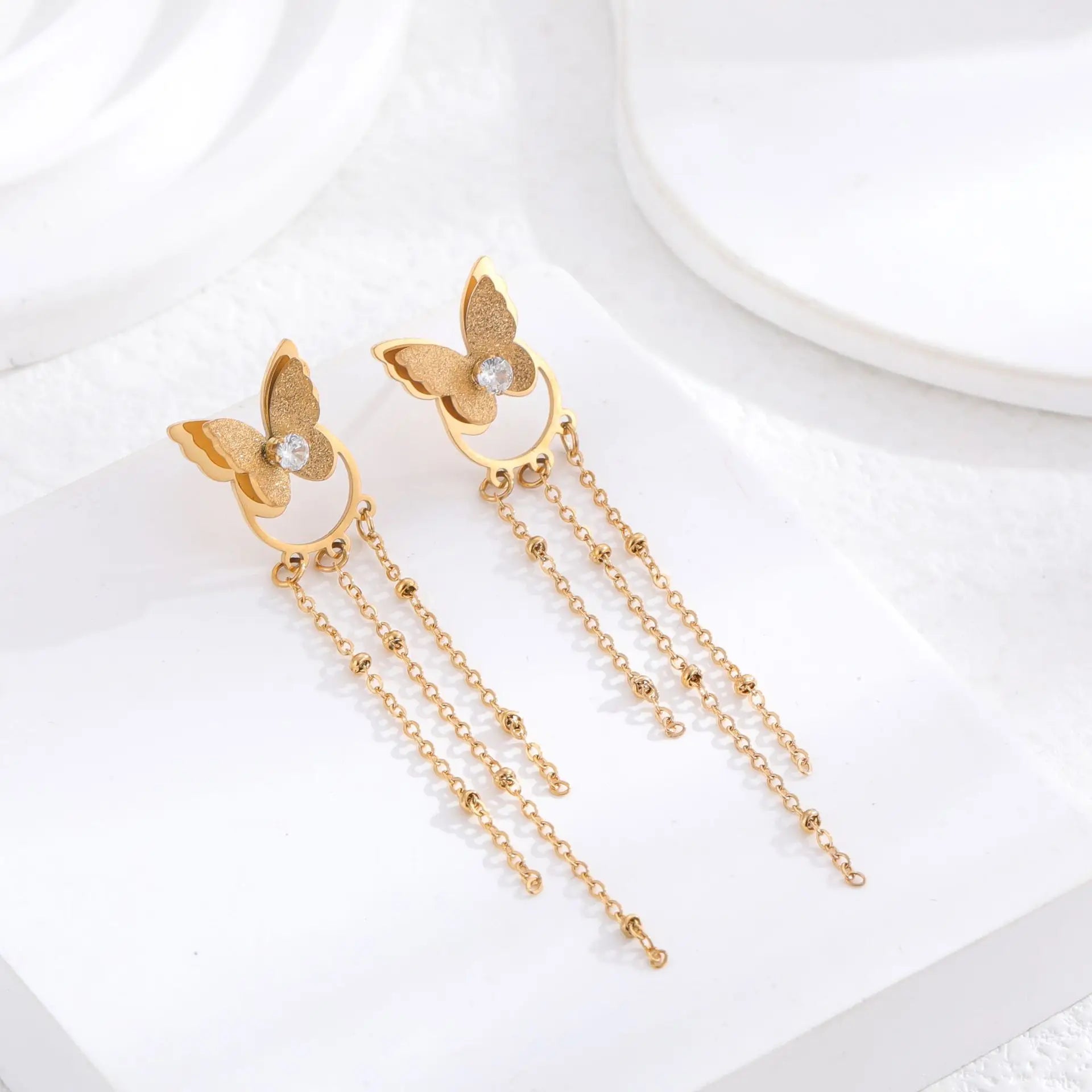 Wholesale Gold Butterfly Drop Earrings Fashion 24K Gold Plated Stainless Steel Long Tassels Earrings for Women Jewelry