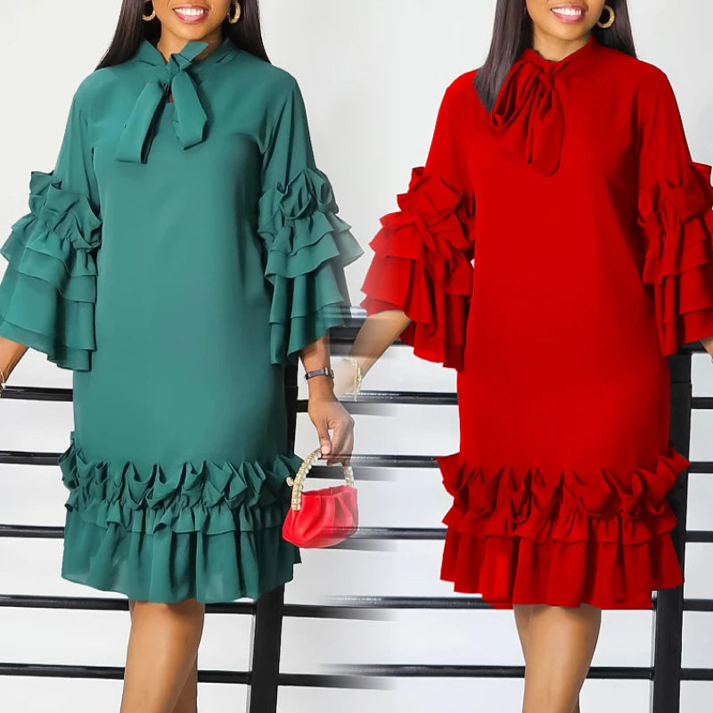 Spring Summer Autumn Women's Casual Dress Fashionable Ruffled Short Sleeve Plus Size Worsted Fabric Foreign Trade