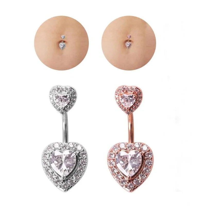 Rose Gold Plated Stainless Steel Belly Rings Double Zircon Heart Navel Piercing Jewelry Surgical Steel for Wedding Occasions