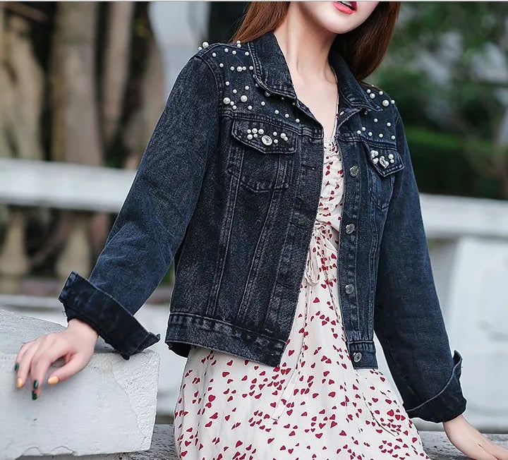 Hot Sale Ladies Heavy Beaded Denim Jacket for Spring Autumn Short Long Sleeve with Big Pearl Breathable Fashion Wedding Clothing