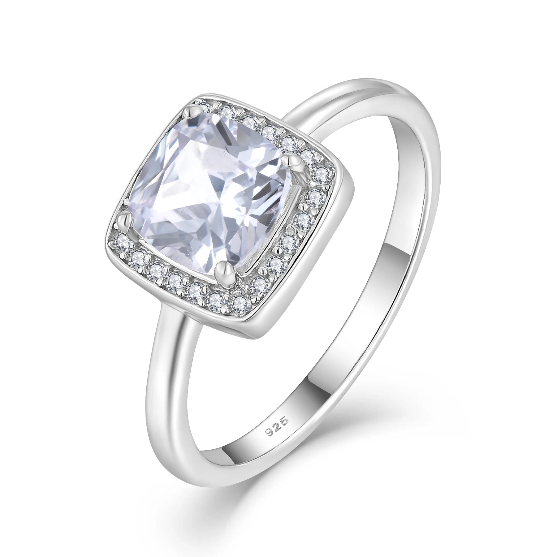 925 Sterling Silver Rhodium Plated Square Design Cushion-Cut White Zircon Engagement Ring with Micro-Pave CZ Halo