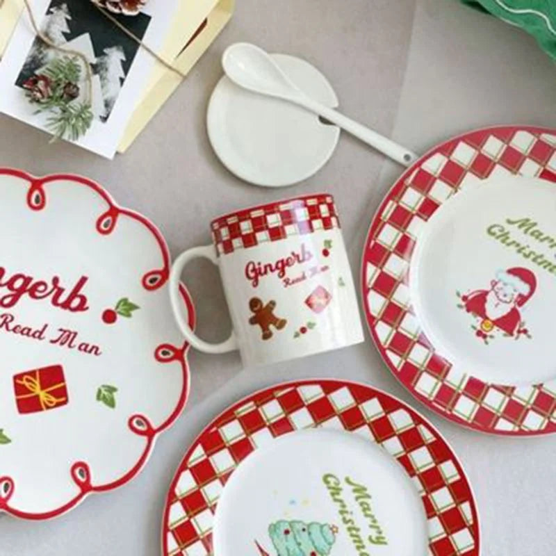 Korean Ins Style Christmas Ceramic Plate Hand-painted Cartoon Dessert Breakfast Mug Plate Set