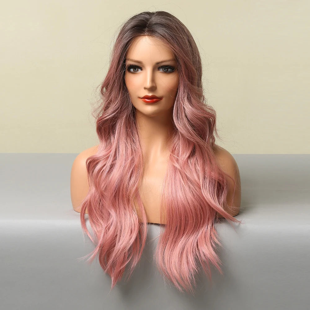 High Temperature Fiber Hair Long Ombre Black to Pink Lace Front Synthetic Wigs for White Women