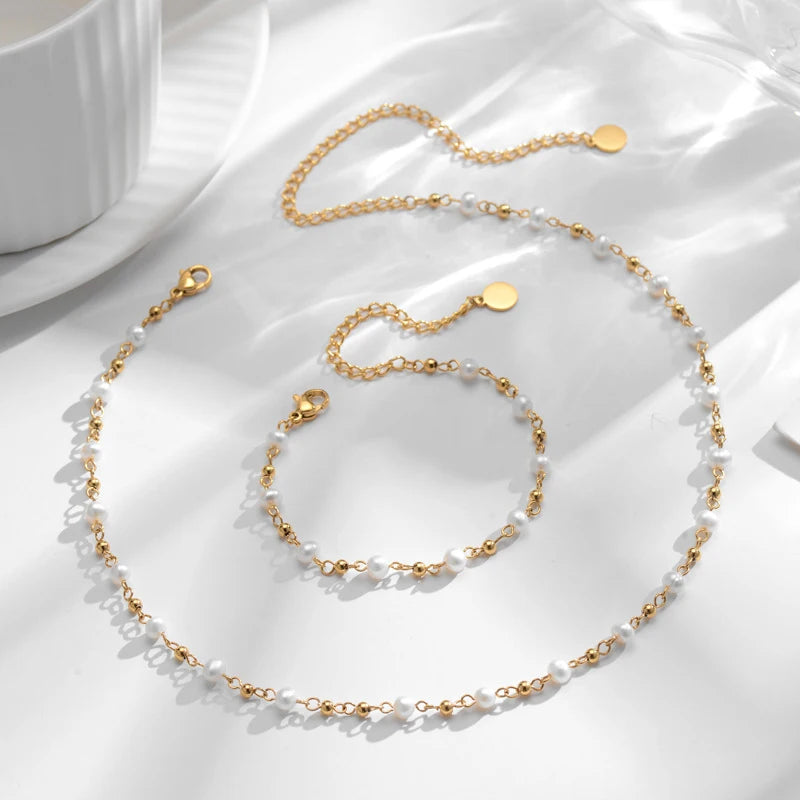 Handmade Freshwater Pearl Choker Necklace for Women 18k Gold Plated Stainless Steel Beaded Necklace Jewelry