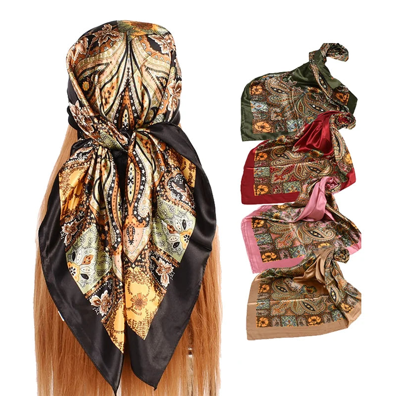 Lady Head Silk Satin Scarf 90x90cm Luxury Square Shawl Hijab Bandana Plaid Pattern Spring Fashion Women