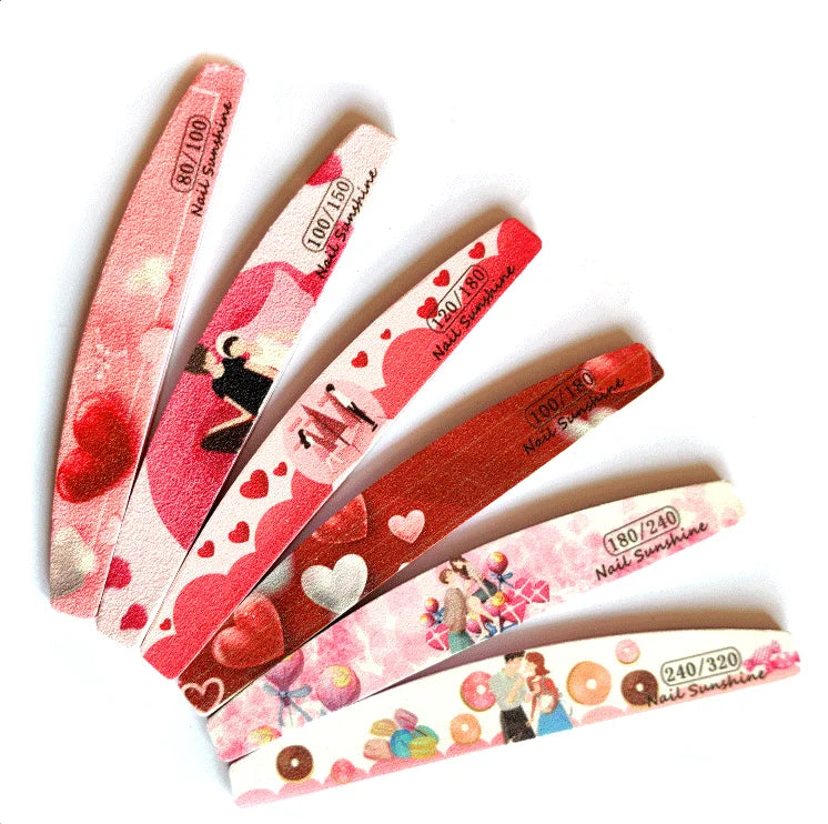 Valentine Day Wedding Sweet Red Heart Double-Sided Sponge 80/100/150/180/240/320 Grits Half Moon Nail File