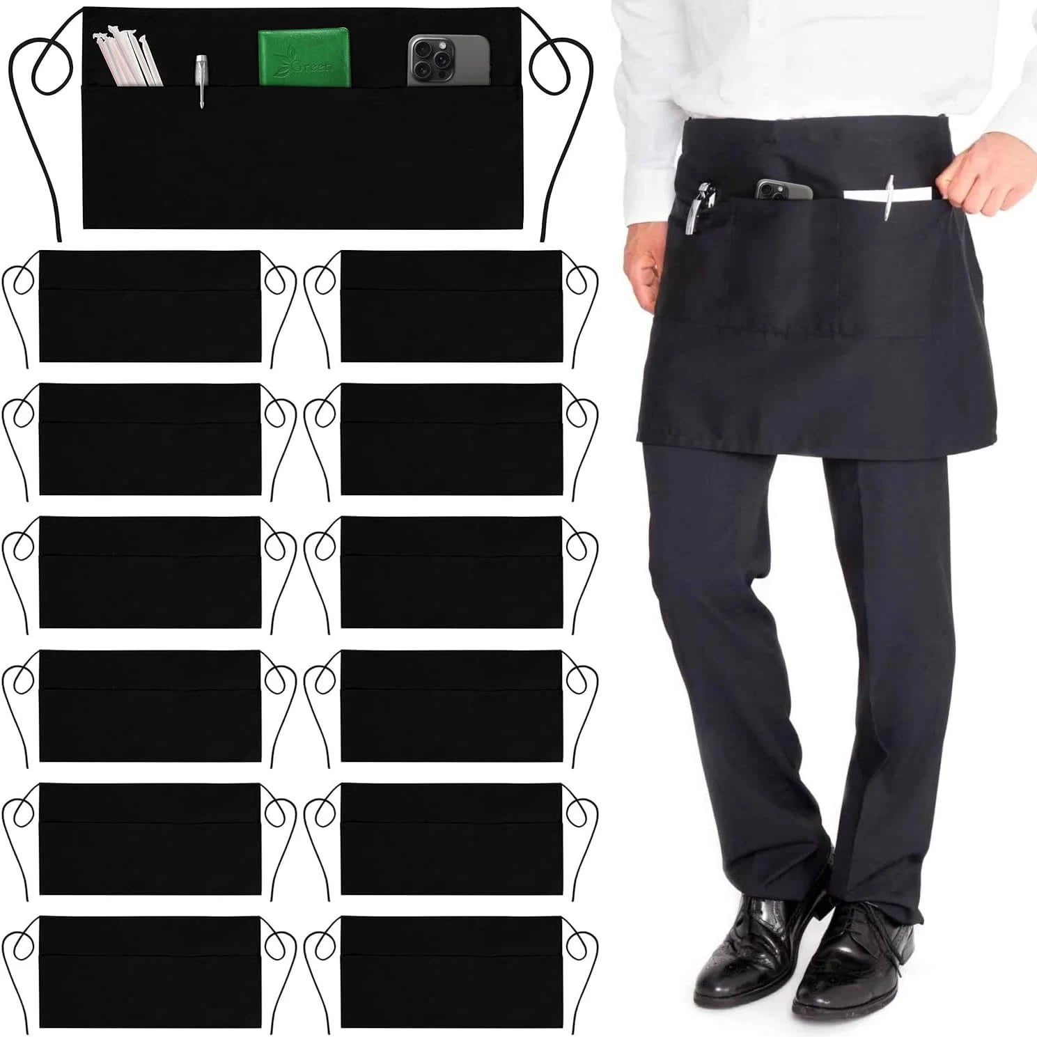 Custom Sleeveless Waist Server Aprons for Women Men 3 Pockets Adjustable Extra Long Straps Custom Color Restaurant Cleaning Use