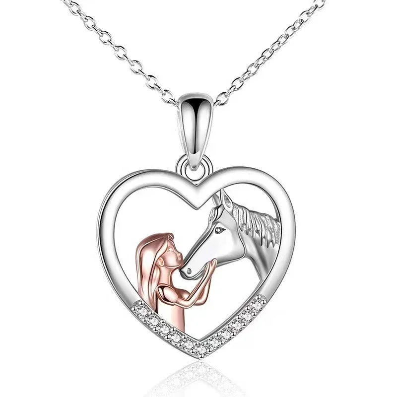 The New 925 Silver love Pendant Jewelry Is Stylish Simple and Two-color Girl and Horse Clavicle Necklace