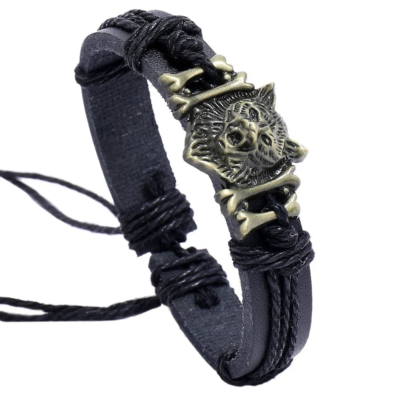 Hot Selling Fashion Leather Beaded Bracelets for Men Handmade Wolf Head Alloy Jewelry for Weddings and Gifts
