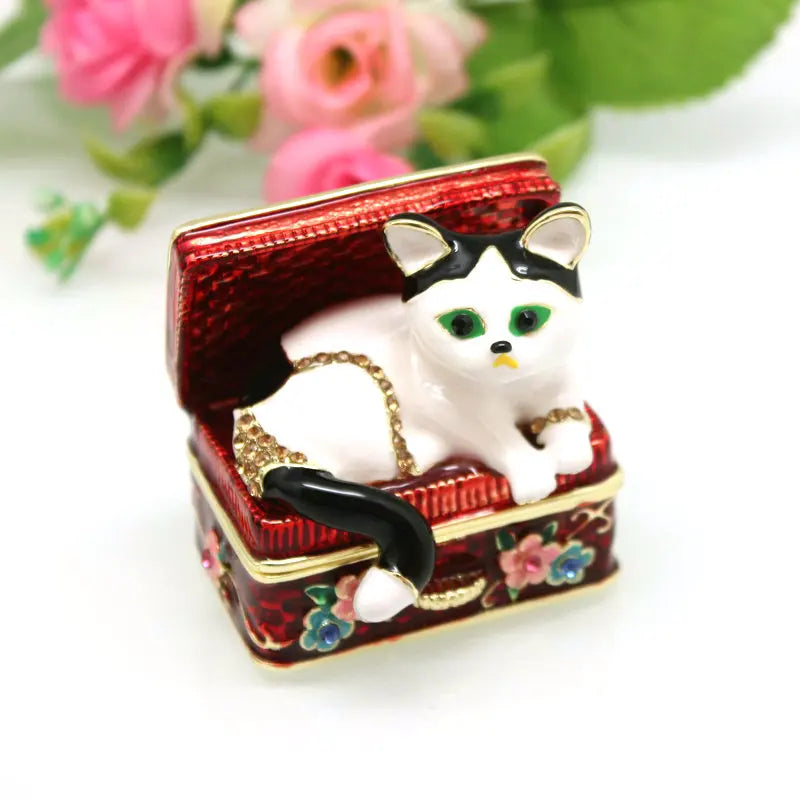 SHINNYGIFTS Metal Enamel Kitten Trinket Box Square Christmas Jewelry & Wedding Favor Gift Box