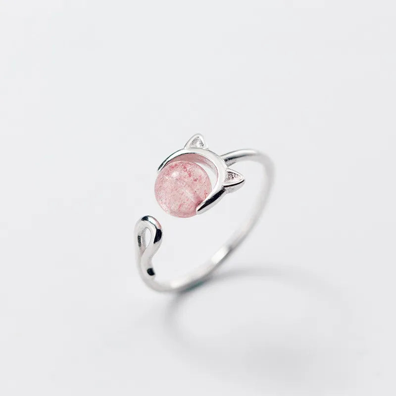 Smart S925 Sterling Silver Cat Gemstone Ring Women Cat Sweet Strawberry Crystal Smart Ring Cute Rings for Girls Jewelry
