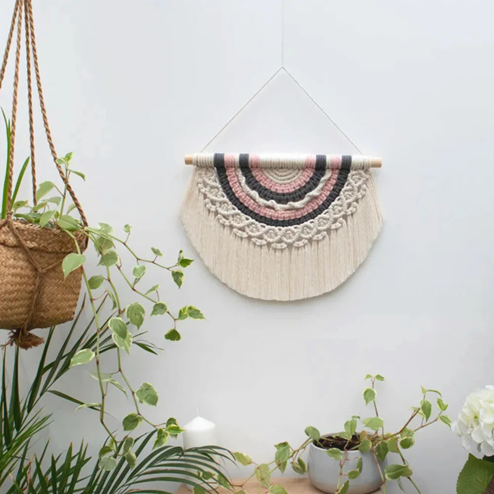 New Contemporary Hand-woven Rope Macrame Cotton Tassel Bead Eco-Friendly Leaf Pattern Rectangle Wall Hanging Tapestry Art Decor