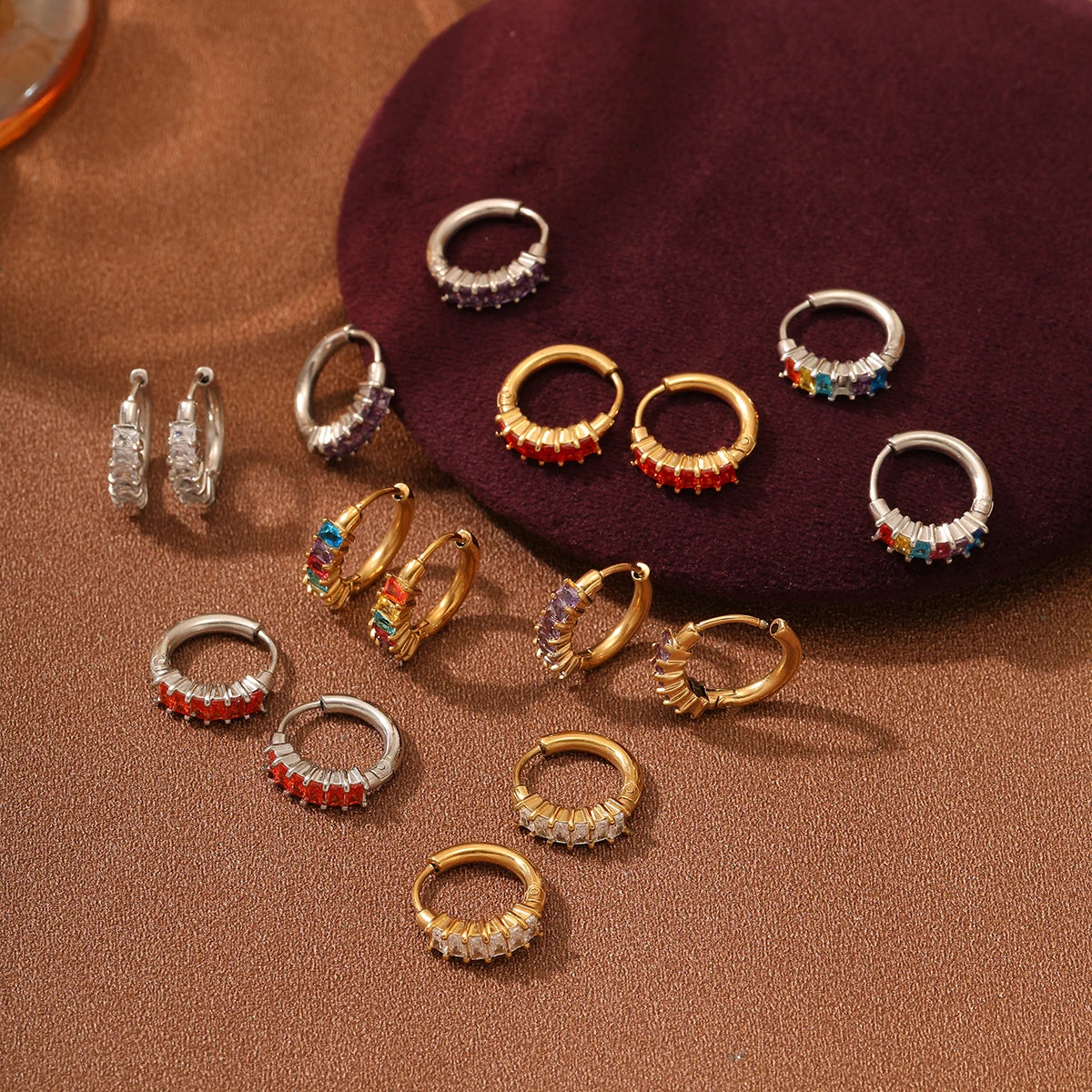 Luxury Multiple Colourful Small Hoop Earrings for Women Stainless Steel Pvd Plated Cubic Zirconia Dainty Hoop Earrings