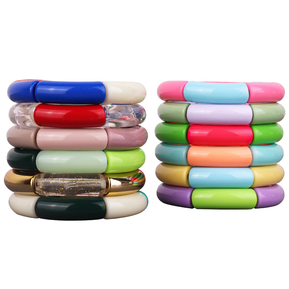 Sweet Brief Colorful Round Acrylic Bracelet Candy Color Big Glossy Long Tube Beads Bamboo Resin Beaded Bracelets Bangles