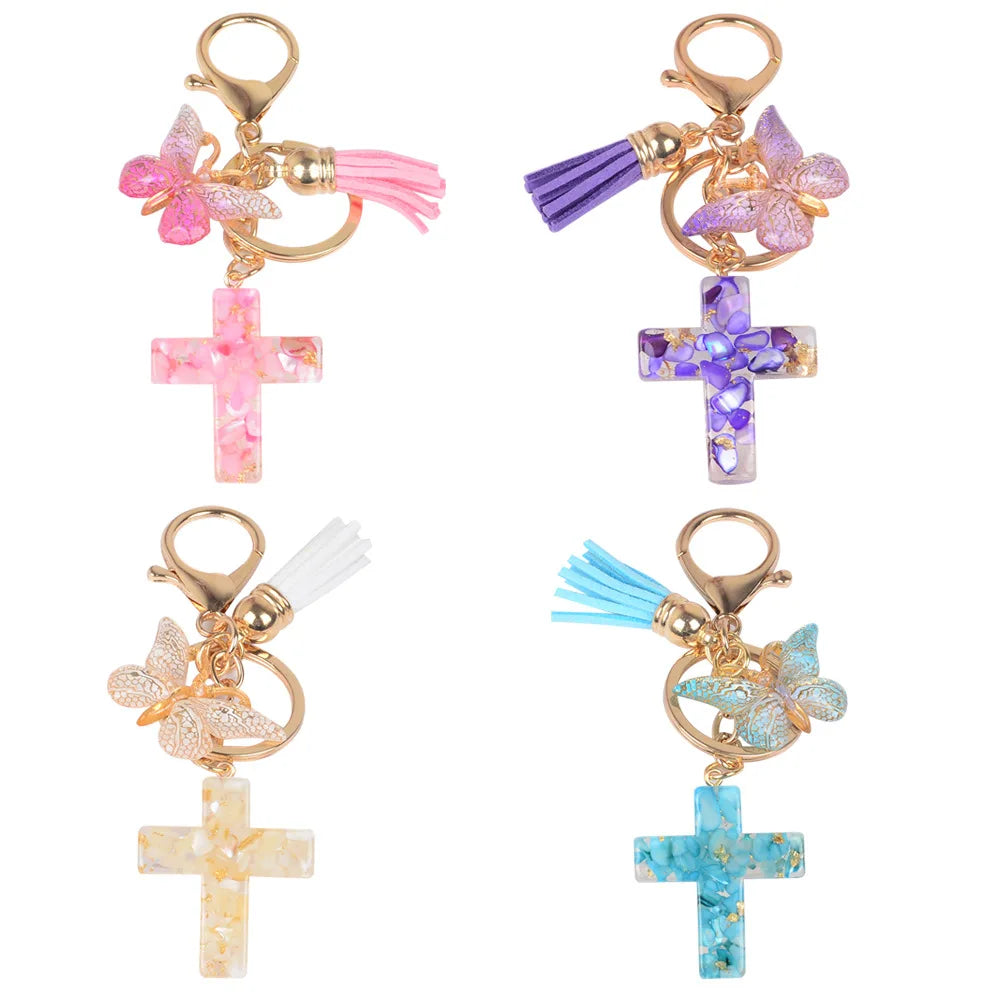 Wholesale New Butterfly Tassel Crystal Resin Cross Keychain Christian Cute Resin Keyring Fashion Bag Charm for Girls
