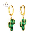 Ason Custom Star Stainless Steel Waterproof Jewelry Charm Girls 18k Gold Plated Green Plant Cactus Shape Hoop Earrings for Women