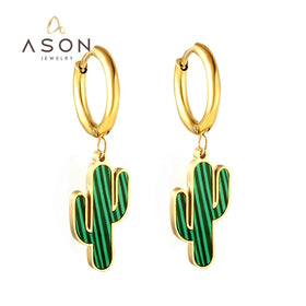 Ason Custom Star Stainless Steel Waterproof Jewelry Charm Girls 18k Gold Plated Green Plant Cactus Shape Hoop Earrings for Women