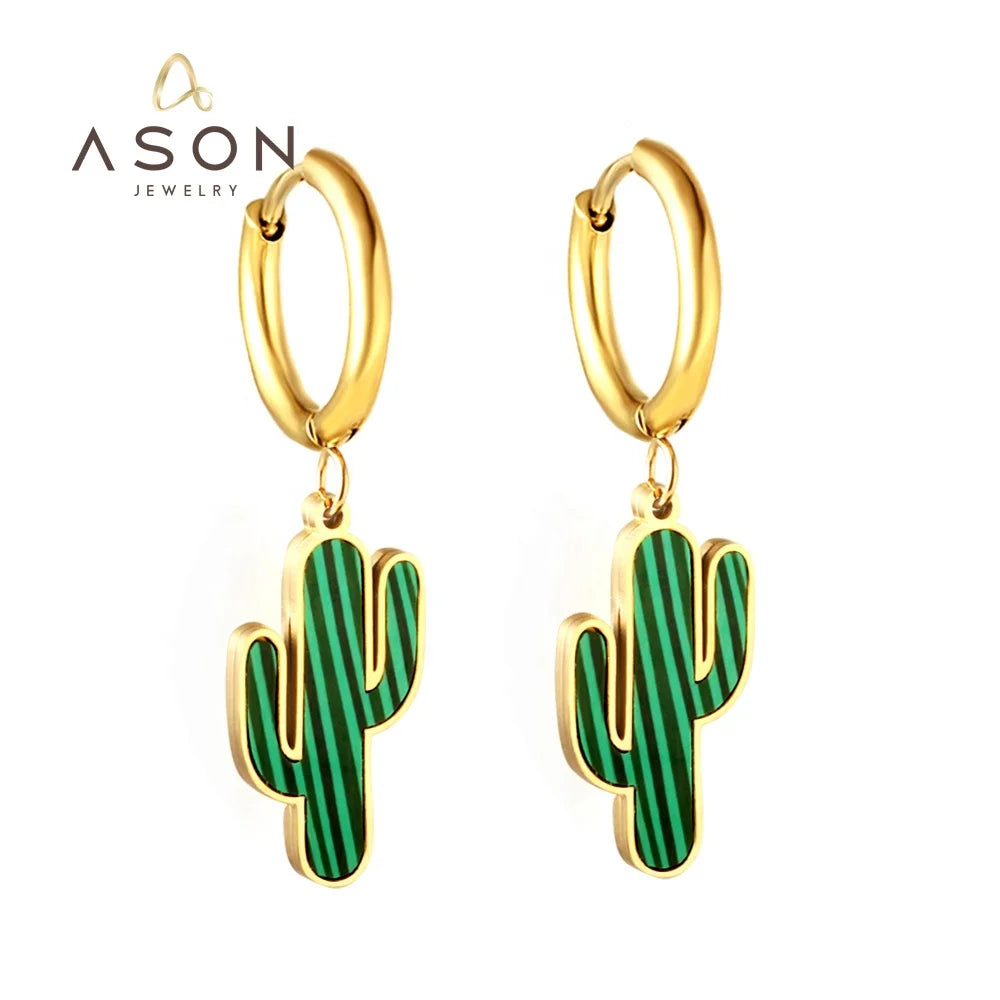 Ason Custom Star Stainless Steel Waterproof Jewelry Charm Girls 18k Gold Plated Green Plant Cactus Shape Hoop Earrings for Women