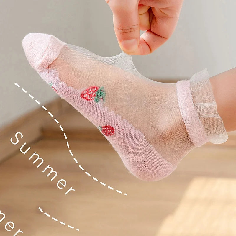 Wholesale Summer Cotton Nylon Ankle Casual Thin Lovely Strawberry Ruffle Socks Girls Kids Cute Mesh Sheer Socks Set
