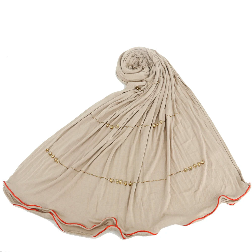 Latest  Elastic Scarf With Diamond Plain Cotton Jersey  Shimmer Hijab Head Scarf Hijab With Stone Pearl  for Muslim Women