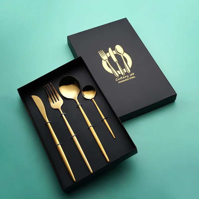 Luxury Mirror Stainless Steel Knife Fork and Spoon Cutlery Set Portuguese Silverware Cutlery Gift Box Set