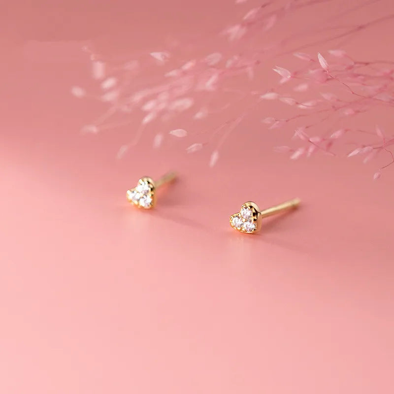 Romantic Love Zircon Mini Perforated 925 Sterling Silver Heart Stud Earrings Trendy Geometric Mini Birthday Party Wedding