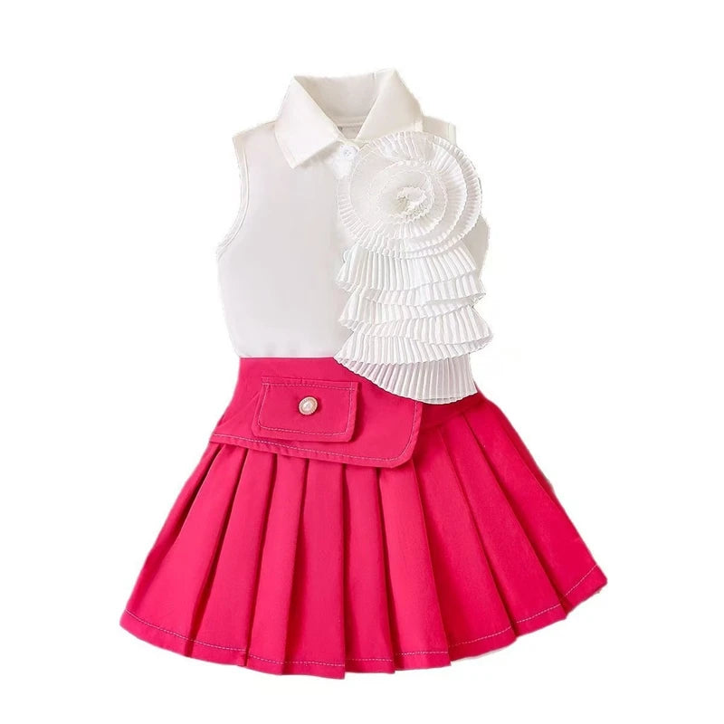 2025 Summer New Girls Lapel Sleeveless Top Short Skirt Set Girls Three-Dimensional Flower Shirt Pleated Skirt 2-Piece Set