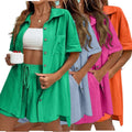 Women's Casual Two Piece Set Solid Color Lapel Shirt Crop Top and Above Knee Wide Leg Shorts Plus Size Loose Fit