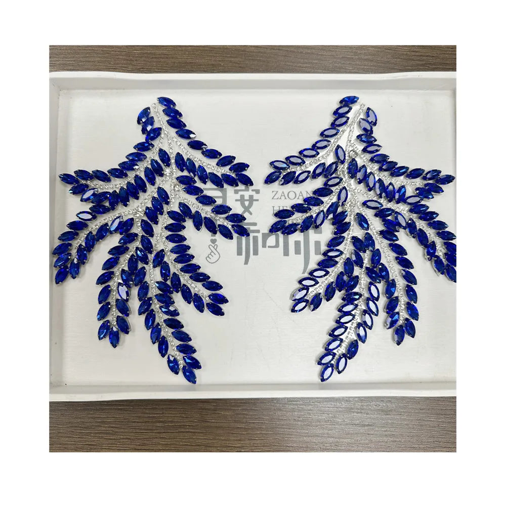 New Handmade Rhinestone Leaf Design 3D Iron on Applique Patches for Clothes Decoration