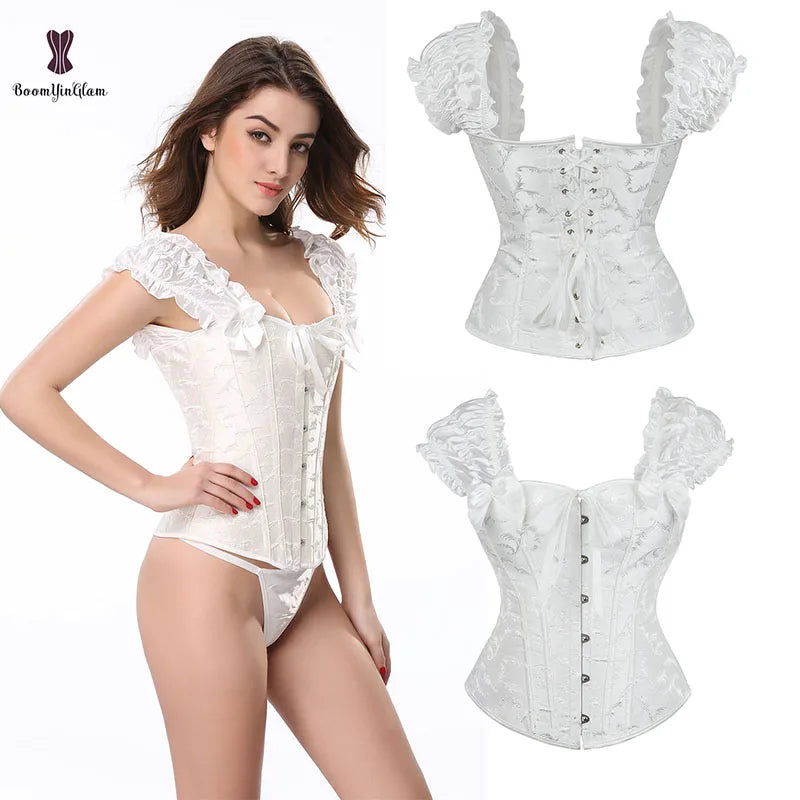 China Manufacturer Size XS to XXXXXXL Outwear Women Clothes White Black Embroidered Shoulder Strap Corsets & Bustiers With Thong