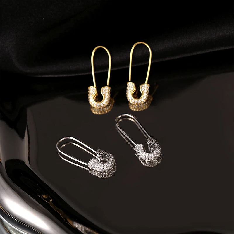 925 Sterling Silver Jewelry Manufacturer Women 18k Gold Plated Safety Diamond Paper Clip Earrings