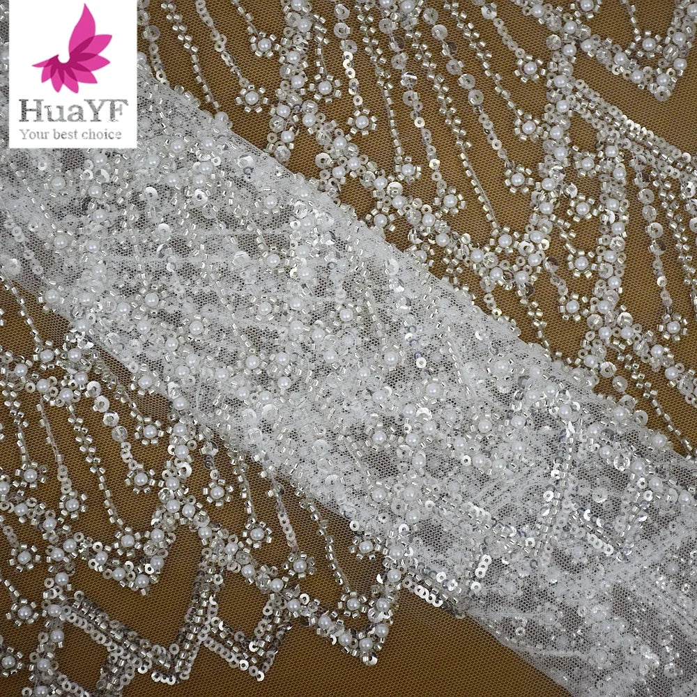 Bridal Mesh Beaded White Wedding Gown  Tulle Sequins Lace Peals Dress Fabric HY2347