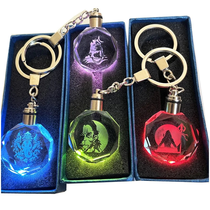 Hindu Gods Keychains Brahma Ganesh Vishnu Hanuman Keyrings Led Crystal Keychains Indian Shintoism Hinduism Hindi Idols Key Chain