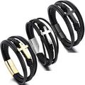 G1410 Wholesale Braided Stainless Steel Cross Bracelet Mens Vintage Genuine Leather Wrist Band Brown Rope Men's Leather Bracelet