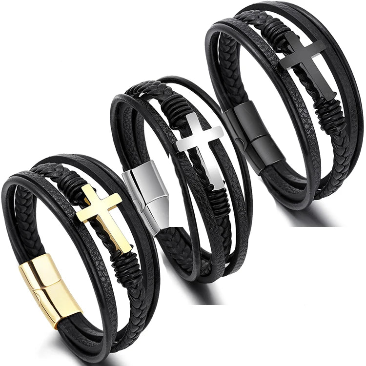 G1410 Wholesale Braided Stainless Steel Cross Bracelet Mens Vintage Genuine Leather Wrist Band Brown Rope Men's Leather Bracelet