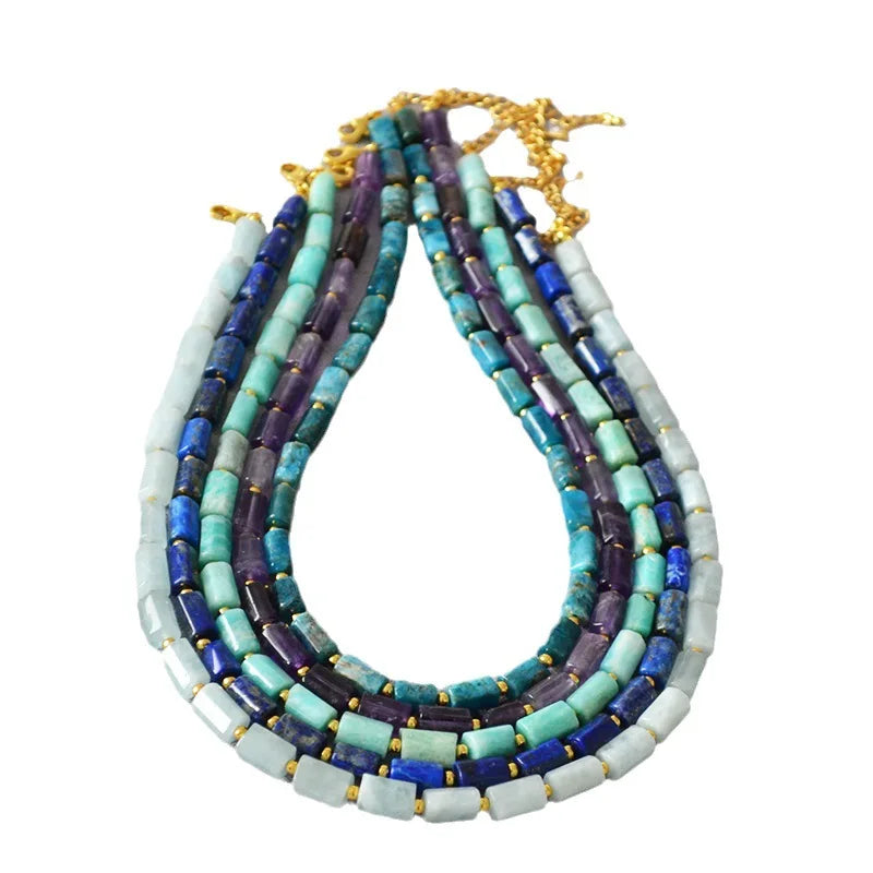 Personalized Natural Stone Cylindrical Beaded Necklace for Women Handmade Amethyst Choker Necklace