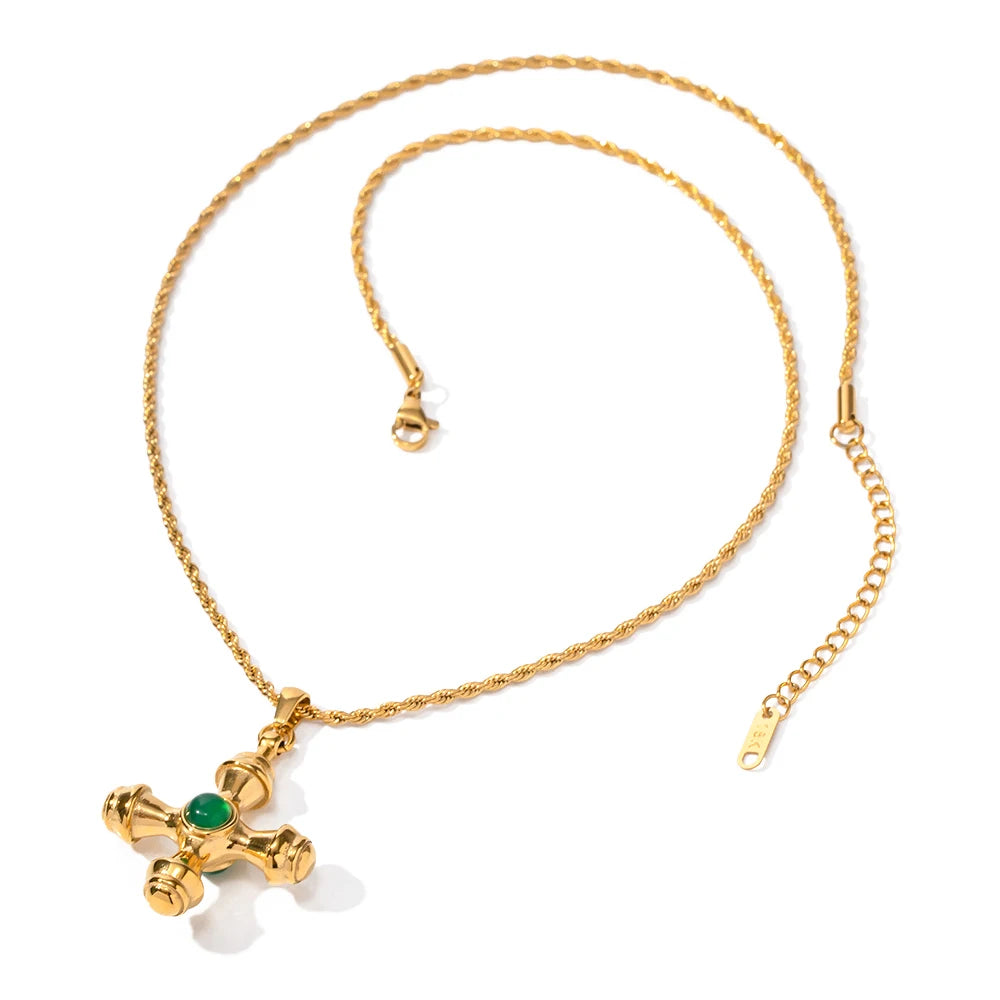 Green Agate Tiger Eye Pendant Earrings Necklace 18K PVD Gold Plated Stainless Steel Gift Jewelry Set for Women