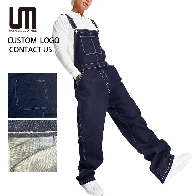 Custom Logo Trending New Men's Plus Size Loose Overalls - Multi-Pocket Denim Jumpsuit with Suspender Straps (Casual Workwear)