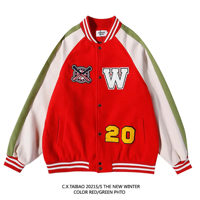 Vintage Men's Baseball Bomber Varsity Jacket Multi-Color Button Drop Shoulder with Stand Collar