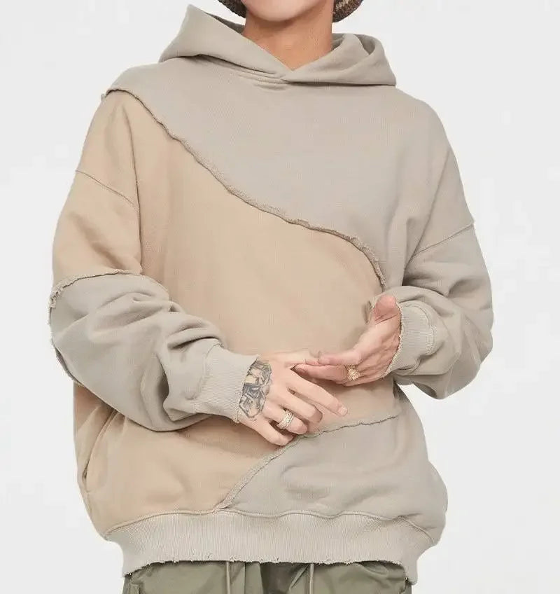 Custom Logo Printed Streetwear Raw Cut Blank Cotton Sweatshirts Two Tone Color Block Patchwork Oversized Hoodie