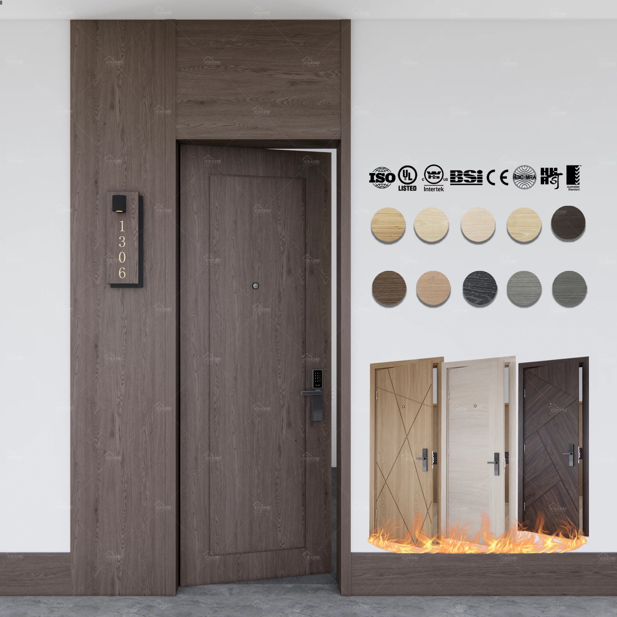 China Top Manufacturer Indoor Fire Proof Wood Doors Luxury Modern Hotel Fire Rated Timber Door AS1530 AS1905